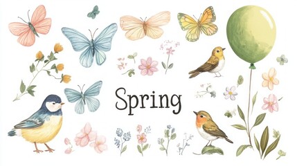 Spring set, hand drawn elements- flowers, birds, rainbow, green ballon,buterfly,and other. Perfect for scrapbooking, greeting card, party invitation, poster,  sticker