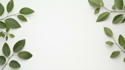 Fototapeta premium Minimalistic flat lay with fresh green leaves on a plain white background, perfect for nature-themed projects.