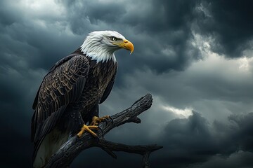 Naklejka premium A bald eagle gripping a branch while a storm brews in the background