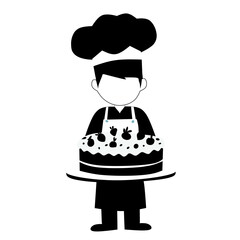 Silhouette chef holding a delicious cake with a happy smile. Professional baker character in uniform presenting a dessert. Fun and colorful culinary concept