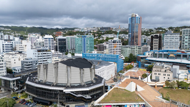 Aerial view of the vibrant cityscape featuring the majestic Fowler Centre and modern skyscrapers, Wellington, New Zealand. - Powered by Adobe