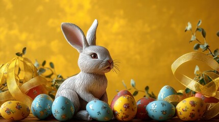 Top view of an Easter bunny figurine with vibrant eggs and ribbons on a wooden surface solid yellow background