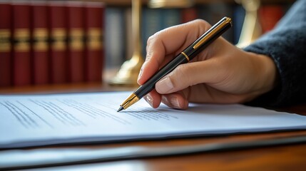 Close up of a lawyers hand holding a pen signing a legal contract on a professional desk with law books