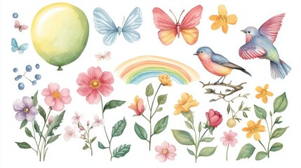 Spring set, hand drawn elements- flowers, birds, rainbow, green ballon,buterfly,and other. Perfect for scrapbooking, greeting card, party invitation, poster,  sticker