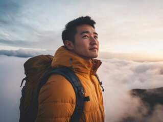 Serene Man Above Clouds with Backpack, Symbolizing Adventure and Freedom. Ideal for Travel Blogs, Hiking Gear Ads, and Inspirational Content.