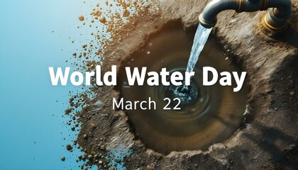 The earth with a faucet pouring water into a puddle, the background is blue, the text says World Water Day March 22