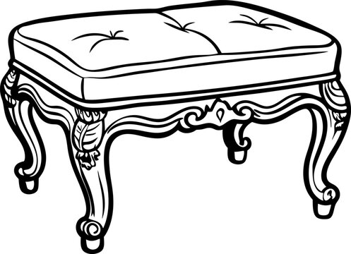 recommend clip art: Ornate vintage ottoman outline sketch classic upholstered footstool design with decorative legs