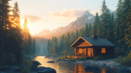 Mountain cabin at sunset (1)