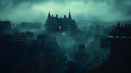 Naklejka premium Foggy, gothic cityscape at night