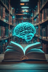 brain and book on library background. Selective focus.