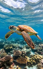 Obraz premium A vibrant coral reef teeming with marine life, sea turtles swimming through crystal-clear water