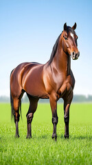 Majestic brown horse in a grassy field