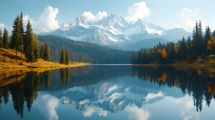 Obraz premium Mountain lake reflected in still water, autumn colors