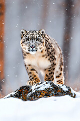 Fototapeta premium Majestic snow leopard in winter landscape