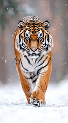Majestic tiger strides through snowy landscape