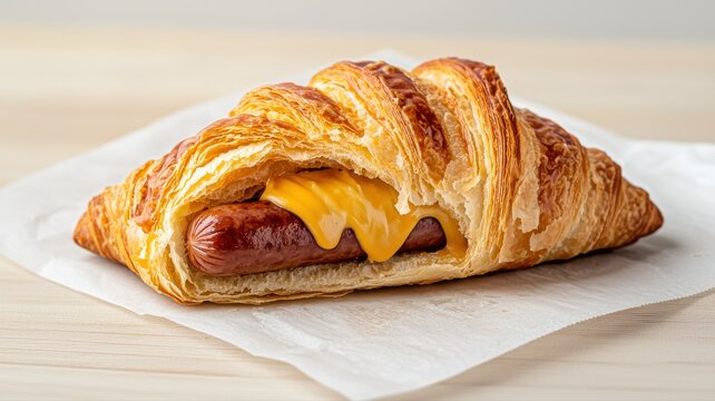 A delicious croissant stuffed with melted cheese and a sausage, perfect for a savory breakfast or snack.
