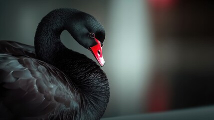 Fototapeta premium Elegant black swan with red beak gracefully curving its neck