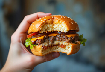 Burger with cheese and lettuce leaves bitten in hand. Close-up.
