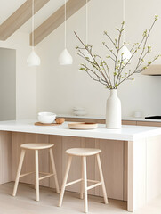 Minimalist kitchen island with pendant lights and wooden stools