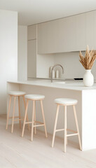 Minimalist, light-toned kitchen with bar stools