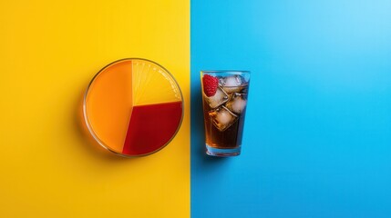 A glass of soda sits next to a pie chart