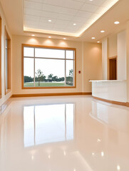 Modern, bright, spacious reception area with large windows overlooking a scenic view