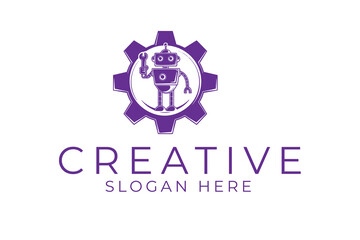 Purple Robot Mechanic Gear Logo Design Template tool icon cute brand style clean retro    