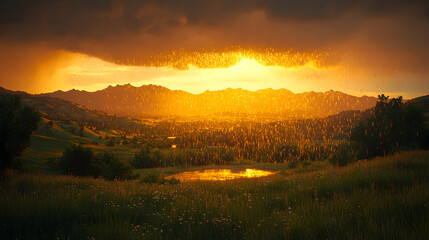 Fototapeta premium Golden Sunset Over Mountain Meadow