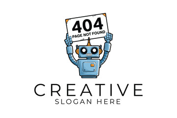 Cute Robot Holding 404 Page Not Found Sign Digital Art icon logo blue error metal funny   