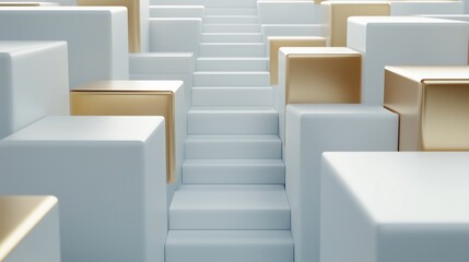 Minimalist abstract staircase composition with white and gold geometric blocks. Concept of growth, success, and architectural aesthetics