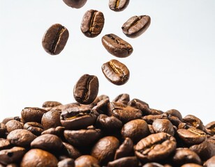 Fototapeta premium Dynamic Shot of Coffee Beans Falling in the Air Isolated on White Background