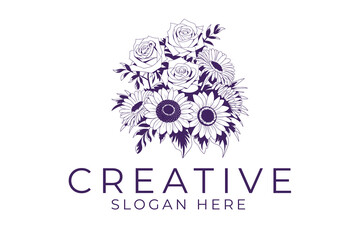 Elegant Floral Bouquet Design Roses Sunflowers Artistic Vector Line Logo Icon Image Retro 
