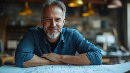 Engineer smiles proudly over architectural plans at work