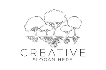 Interconnected Trees Roots Nature Design Graphic Illustration art logo icon line black    