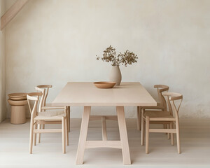 Neutral dining room with simple, light-colored table and chairs