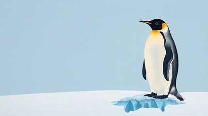 Fototapeta premium Ecological impact wildlife protection concept. Emperor penguin standing on ice against a pale blue background.