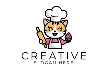 Adorable Cat Chef Baking Sweet Cupcakes Dessert fun pin pet cute logo icon food pink cafe 