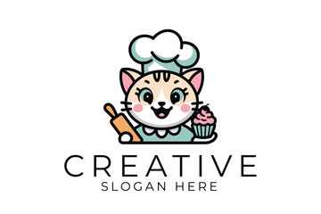 Adorable Cat Chef Baking Sweet Cupcakes Design pin art cute logo food cook pink blue icon 