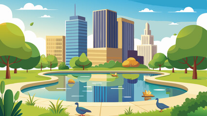 small pond in the park with ducks swimming, reflecting the tall office buildings behind it.