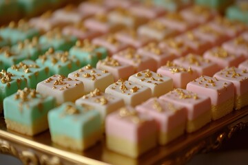 Elegant Miniature Cakes with Gold Sprinkles on Decorative Tray