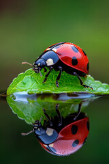 Obraz premium a ladybug on the edge of a green leaf, its reflection in the water, a macro photograph with high resolution, high detail