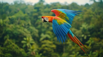 Ecological impact wildlife protection concept. Vibrant macaw soaring over lush green rainforest.