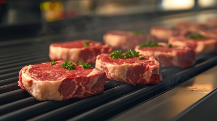 Obraz premium A close-up of raw beef steaks being processed on an automated conveyor belt, clean and sterile environment