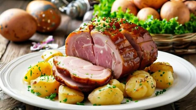 Glazed ham Easter potatoes rustic table
