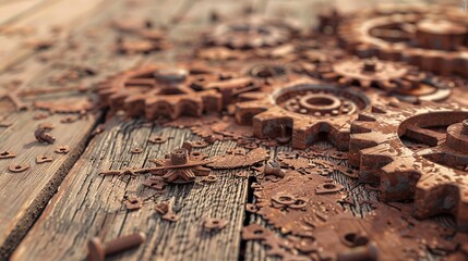 Naklejka premium Rusty metal gears and bolts scattered on a wooden workbench, symbolizing mechanical wear and repair, industrial maintenance, and vintage machinery concepts.