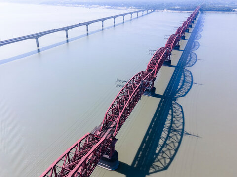 Aerial view of hardinge bridge over padma river with steel truss structure, Ishwardi, Pabna, Bangladesh.