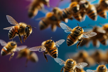 Buzzing Brigade: A high-angle view of honeybees in full flight, the image showcases the intricate beauty of nature's pollinators against a background of vibrant colors.