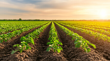 Rows of young potato plants in a field at sunset