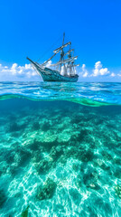 Obraz premium Seascape of a historic ship sailing over a vibrant coral reef