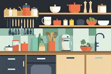 Modern Kitchen Interior with Colorful Utensils and Decor